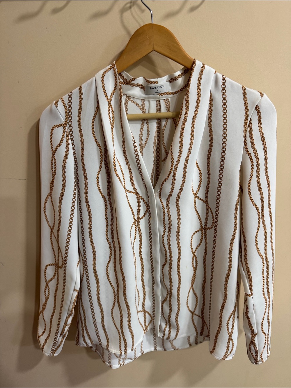 Babaton (Aritzia)White Blouse with Brown Chain Stripe